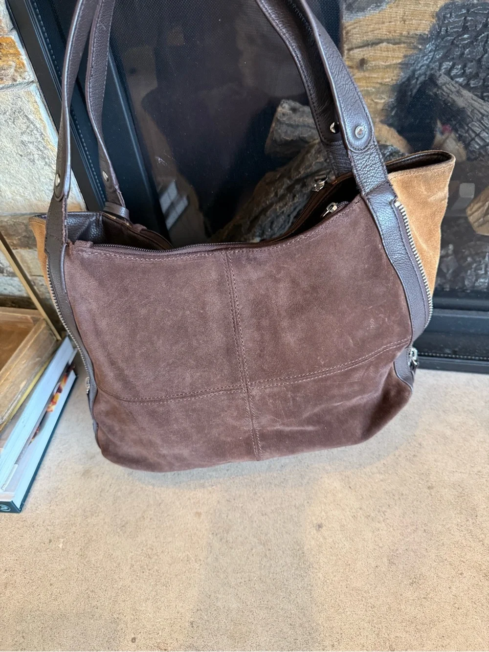Brown Suede & Leather Hobo Style Bag